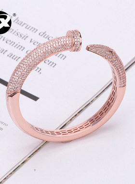 欧美跨境新款微镶石粗钉手镯铜镀金镶石钉子手环个性手饰品