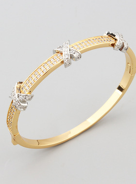 欧美风气质小奢宫廷风微镶锆石X字母双色手镯跨境热款