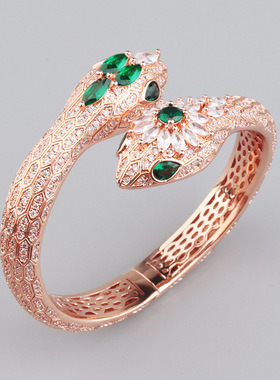 复古时尚蛇形头尾微镶绿石满钻铜镀金女式宴会饰品跨境