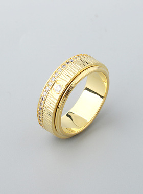 宽版时来运转戒指镀金镶锆石情侣对戒可转动指环个性百搭饰品