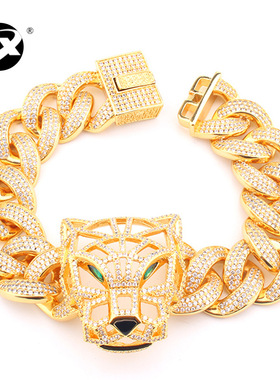 嘻哈豹头O字链锆石手链欧美潮男铜镶锆石手链街舞说唱配饰