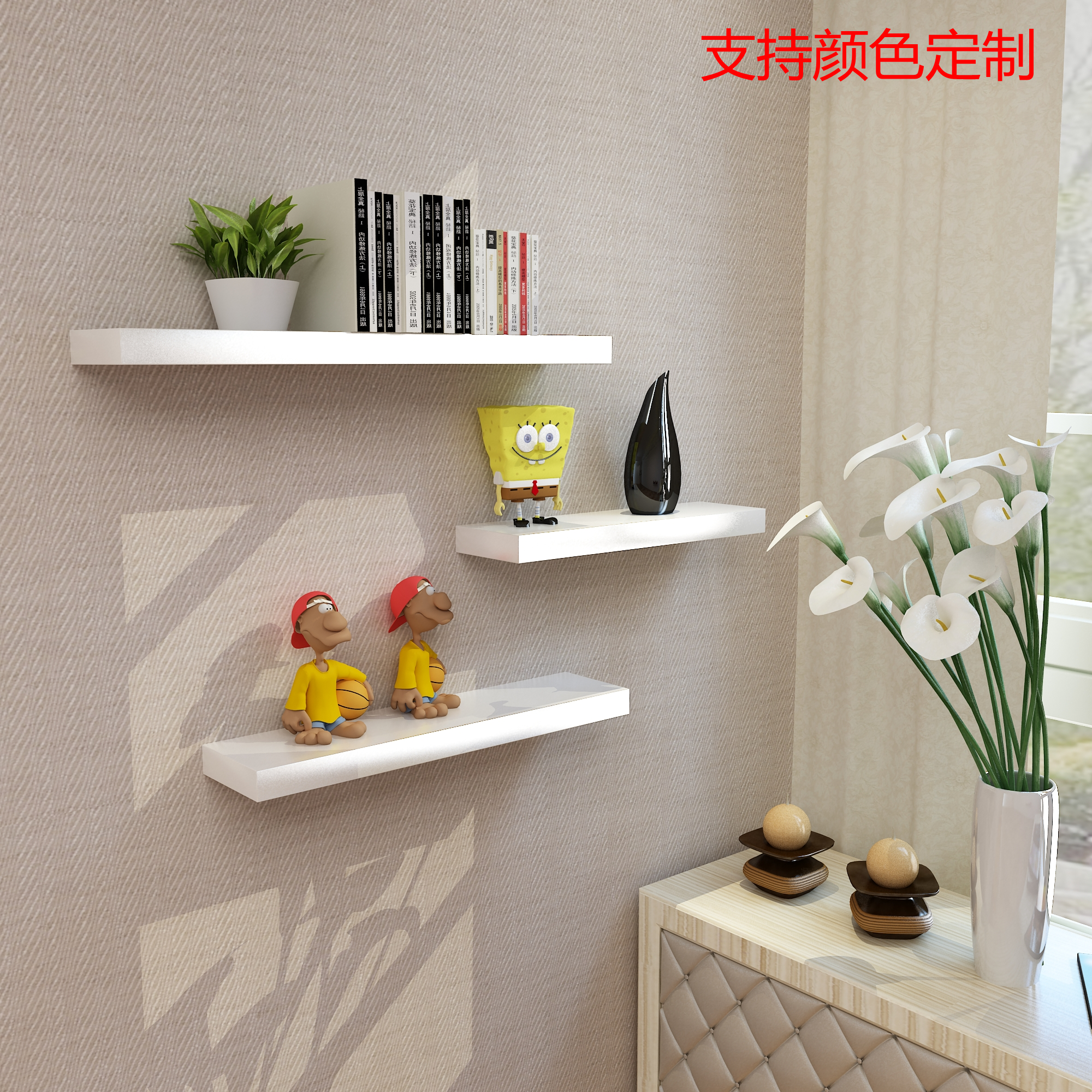实木一字隔板电视柜 白色烤漆搁板 墙上置物架层板壁挂背景墙定制