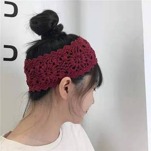 日系复古镂空手工钩花束发带休闲百搭宽边棉线蕾丝发带女ins发带