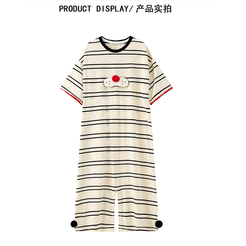 韩版可爱酷猫条纹睡衣女春夏2025新款短袖长裤连体家居服大码外穿