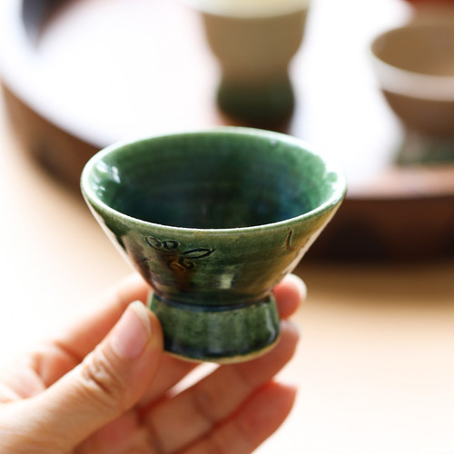 进口复古手作织部釉高脚小酒杯