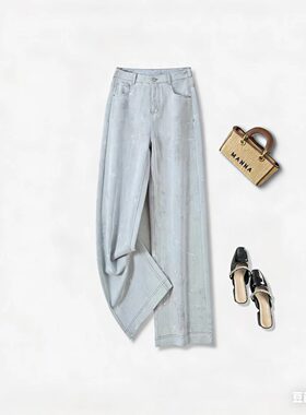 昇素【立体印花】2026春季新款百搭窄版休闲高腰直筒裤9689