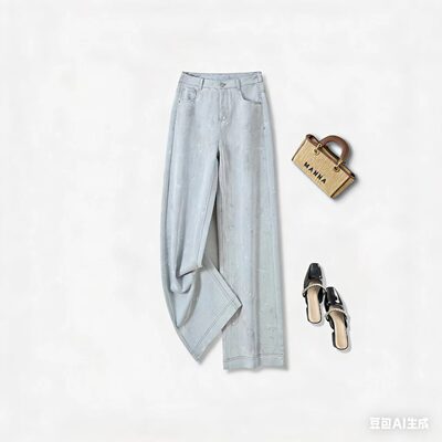 昇素【立体印花】2026春季新款百搭窄版休闲高腰直筒裤9689