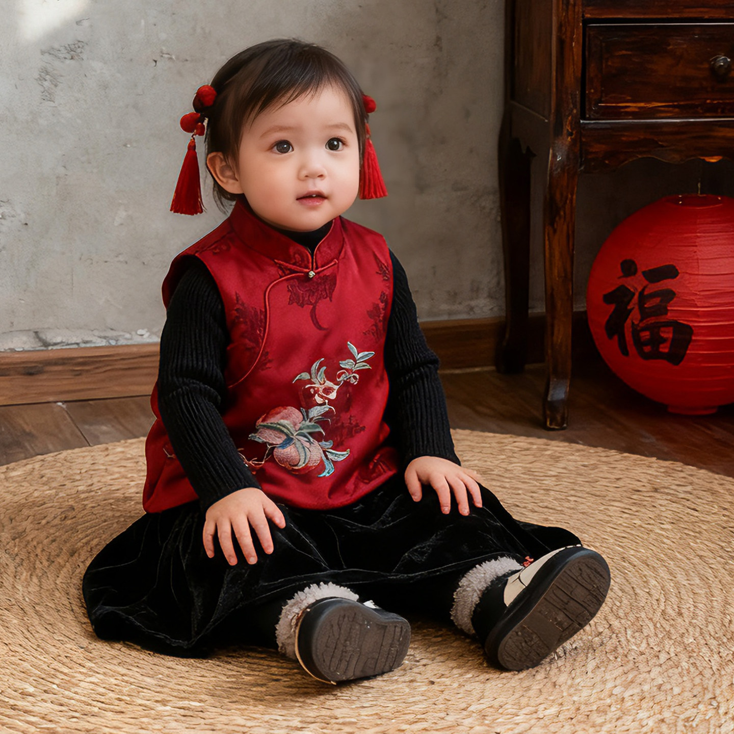 冬季女宝中国风马甲套装礼服红色