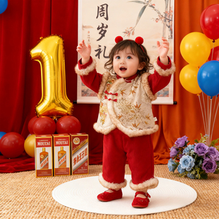 周岁女宝礼服冬装新中式拜年服红色过年喜庆女宝宝生日抓周宴衣服