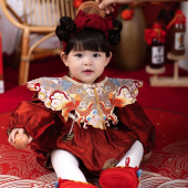 一周岁女宝礼服秋款 公主婴儿宝宝生日抓周宴衣服红色喜庆冠衣中式