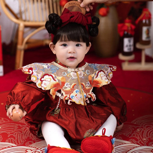 一周岁女宝礼服秋款公主婴儿宝宝生日抓周宴衣服红色喜庆冠衣中式