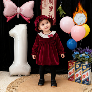 一周岁女宝礼服冬装加绒公主裙婴儿女童女宝宝生日抓周宴衣服裙子
