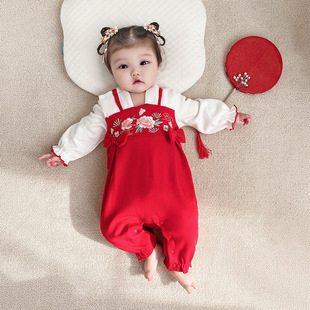 婴儿汉服连体衣女宝宝满月百天抓周衣服新年唐装薄款春秋装中国风
