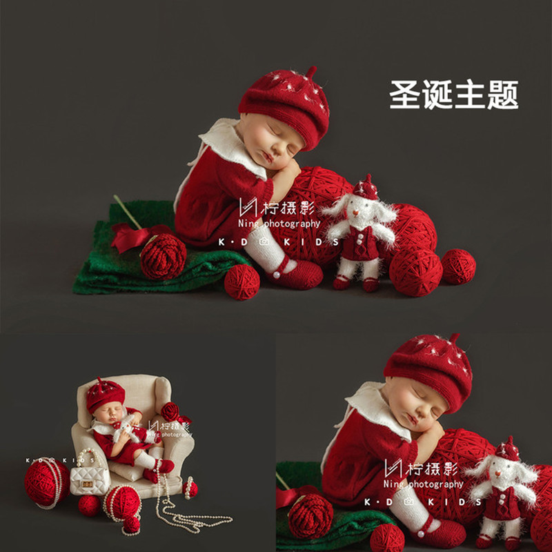 新生儿摄影红色新年服装名媛风女宝宝拍照衣服满月照拍摄道具z296
