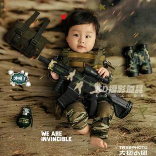 儿童摄影服装 百天拍照衣服百日照相道具影楼拍摄迷彩服特种兵主题