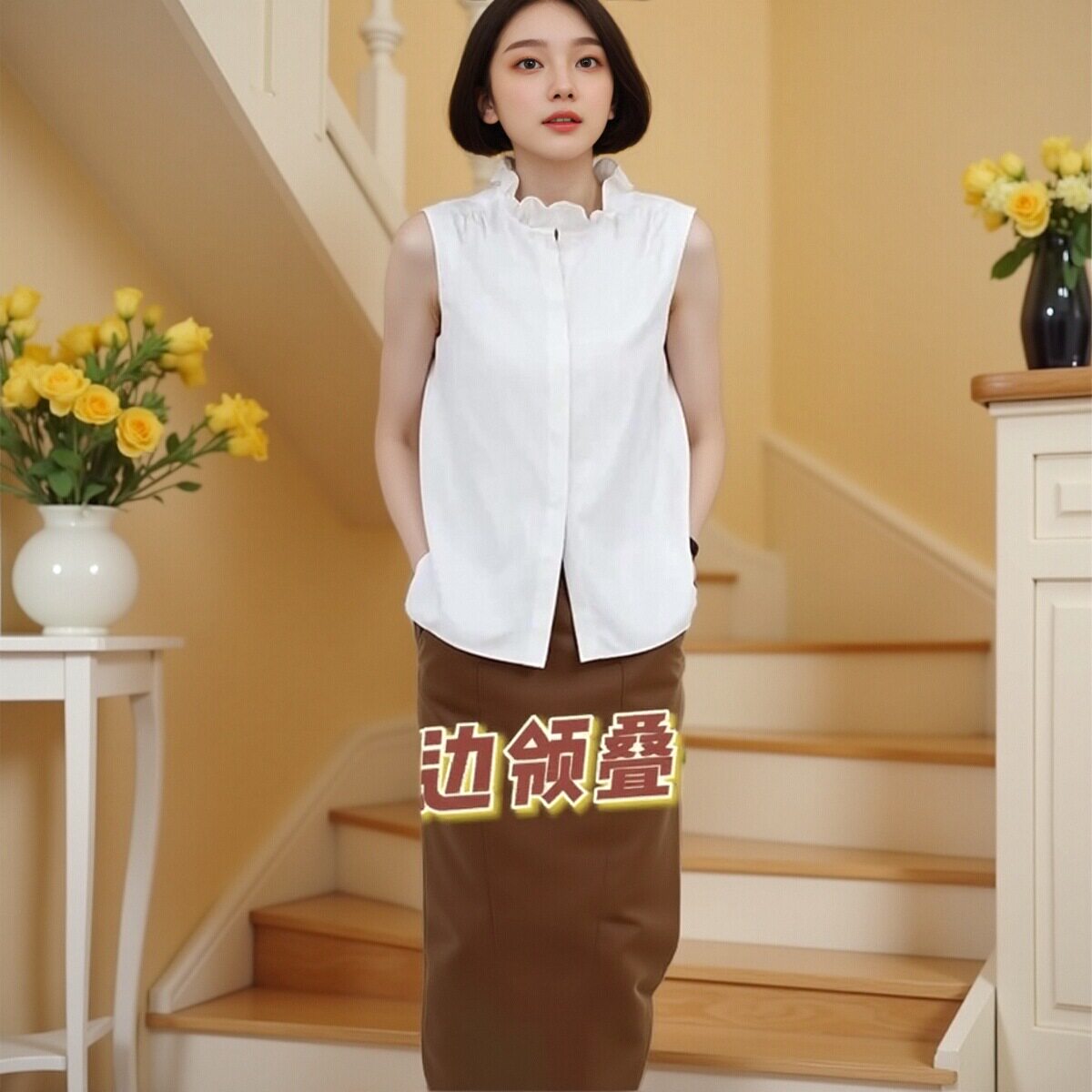 大洪旗舰店【叠穿神器】新款内搭荷叶领无袖衬衫蕾丝打底衫女衬衣
