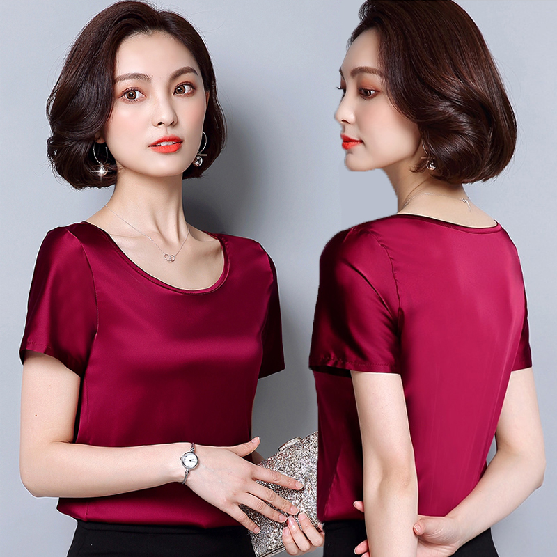 重磅真丝上衣女 新款外穿圆领绸缎短袖弹力T恤大码桑蚕丝打底衫夏