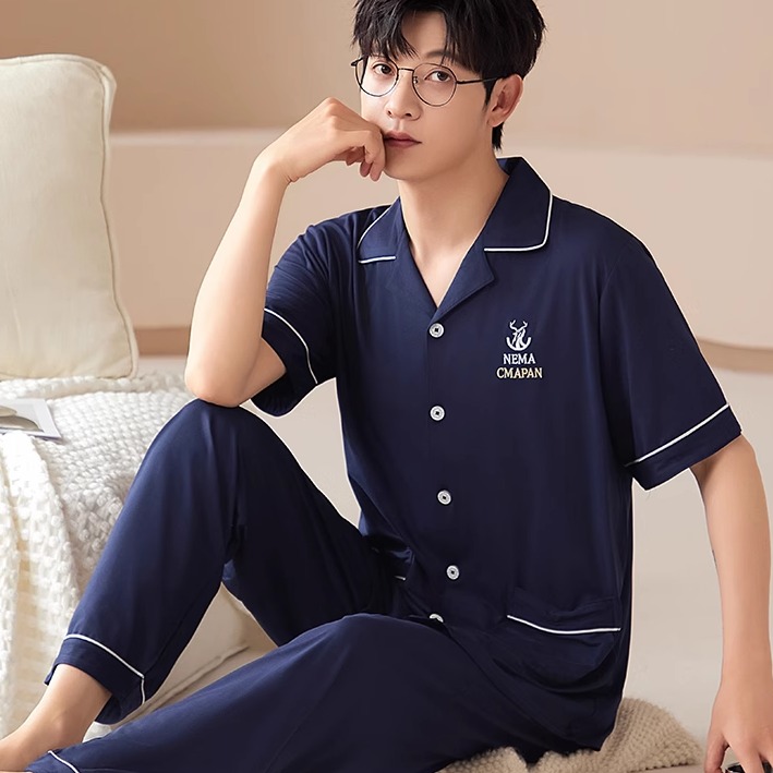 普宁男士睡衣夏季薄款纯棉20-30-40岁揭阳空调房款全棉家居服套装