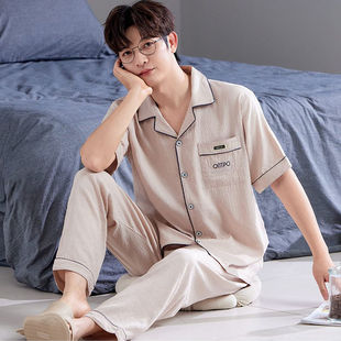 薄原产地普宁特产家居服套装 男士 长裤 纯棉短袖 春全棉 揭阳睡衣夏季