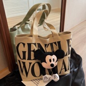 米奇字母帆布包包女2025新款 大容量上课手提袋学生通勤单肩托特包