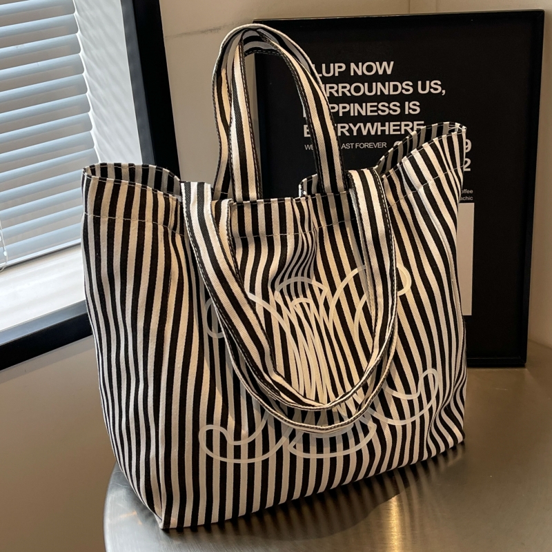 慵懒风条纹帆布手提袋单肩托特包
