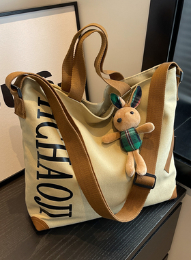 日系帆布托特包包女休闲大容量通勤手提袋学生上课百搭单肩斜挎包