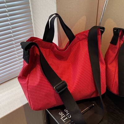 大容量斜挎托特包格子帆布手提袋