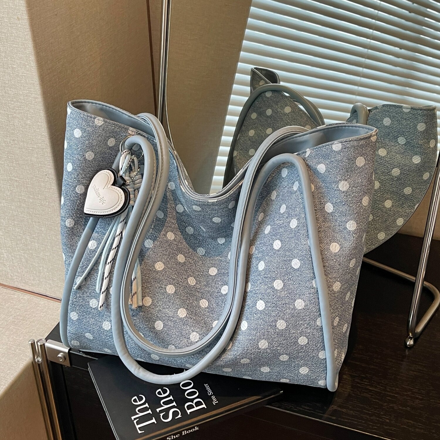 波点牛仔帆布包包女夏季慵懒风单肩托特包小众百搭时尚通勤手提袋