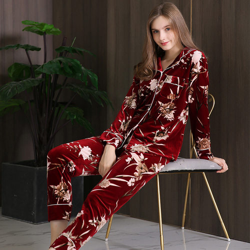 睡衣女春秋韩金丝绒长袖性感天鹅绒家居服大码两件套装可外穿