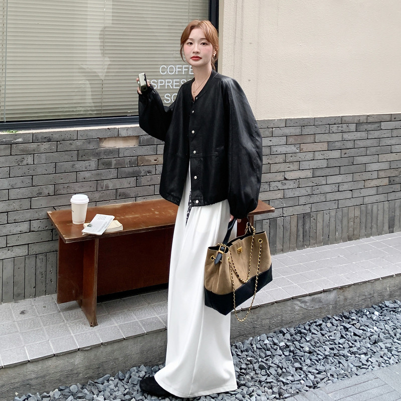 时尚气质休闲皮衣女2025秋款黑色立领短款外套宽松百搭显瘦风夹克图片