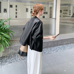 时尚气质休闲皮衣女2025秋款黑色立领短款外套宽松百搭显瘦风夹克图片