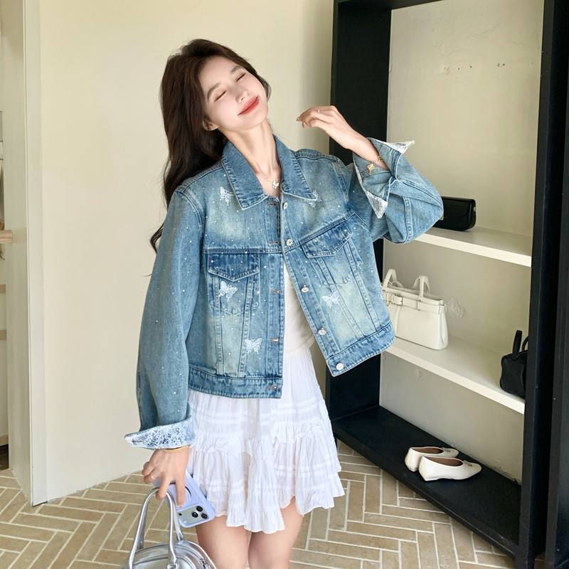 新款春款数据好蝴蝶结拼接蕾丝亮钻牛仔外套5816P185控298,女装短外套,2C182
