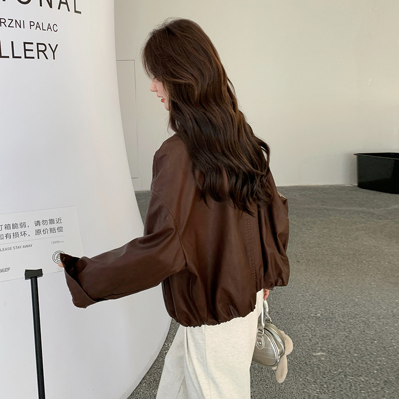 春款下摆松紧皮衣短外套8688P145控218,女装皮衣,2C182