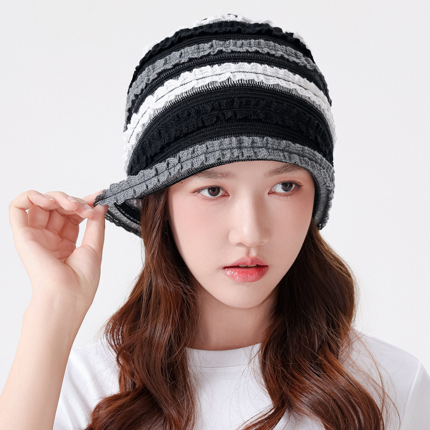 宽松条纹拼色花边包头帽子女士镂空透气棉质堆堆头巾帽百搭套头帽