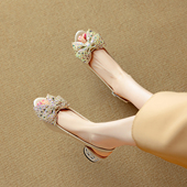 百搭露趾后空蝴蝶结凉鞋 羊皮跟高4CM法式 优雅镂空经典