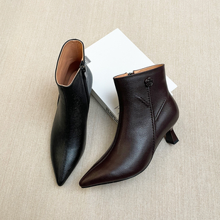 羊皮跟高5CM秋冬季气质尖头法式百搭侧拉链细跟高跟鞋真皮短靴