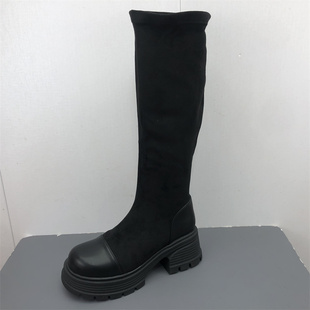 2025冬款黑色弹力靴女圆头厚底增高长筒靴显瘦瘦瘦靴加绒防滑女鞋