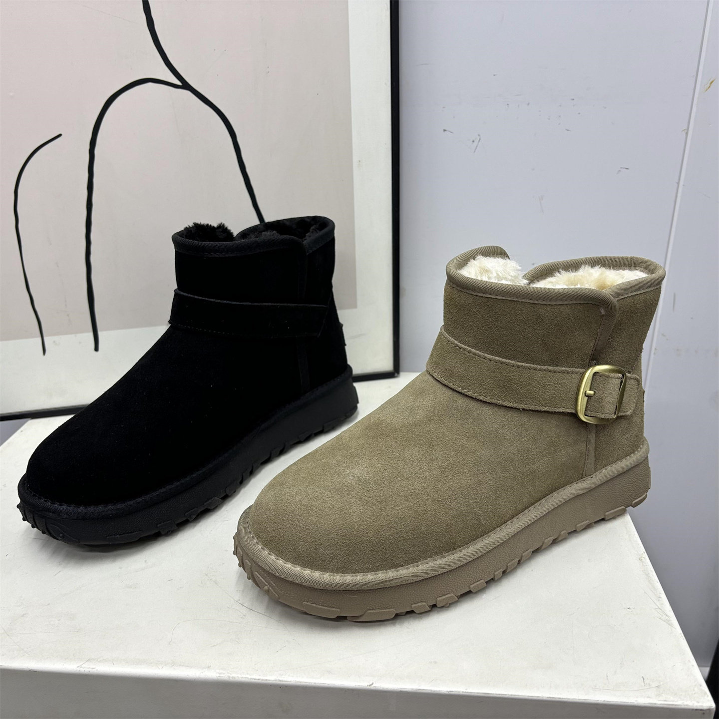 品牌撤柜2025冬季圆头平底雪地靴短靴加绒保暖毛绒靴防滑棉靴男靴