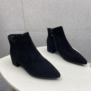 工厂直销2025冬款女鞋尖头中跟韩版加绒短靴女棉靴真皮洋气裸靴潮