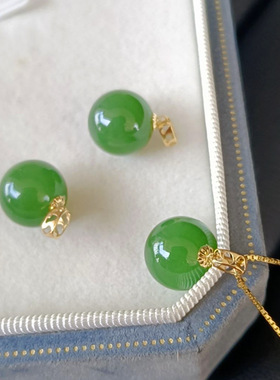 18k真金镶嵌天然和田碧玉圆珠简约吊坠时尚百搭挂件好运佛系经典
