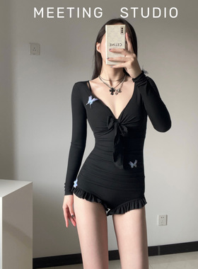 遇见泳衣女款泡温泉黑色长袖性感钢托聚拢连体收腰显瘦两件套泳装