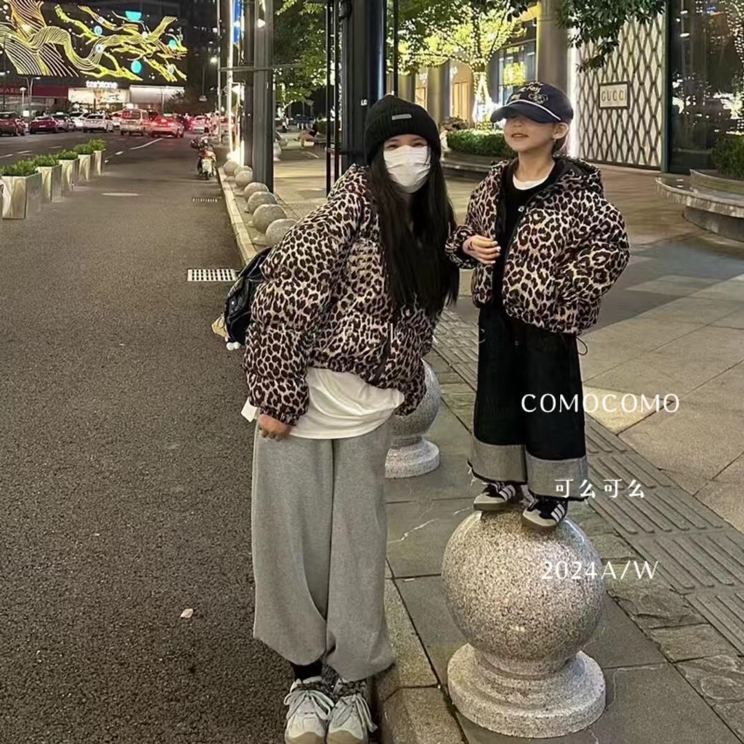 亲子装120-170两面穿豹纹羽绒服男童女童连帽白鸭绒宽松韩版短款