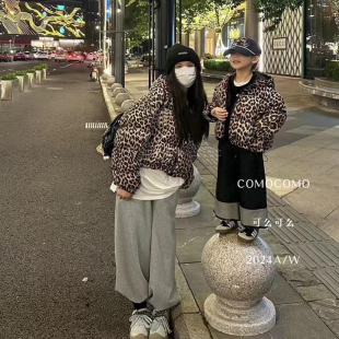 亲子装120-170两面穿豹纹羽绒服男童女童连帽白鸭绒宽松韩版短款