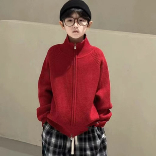 110-150新年装立领毛衣外套拉链衫男童女童宽松韩版大红色针织衫