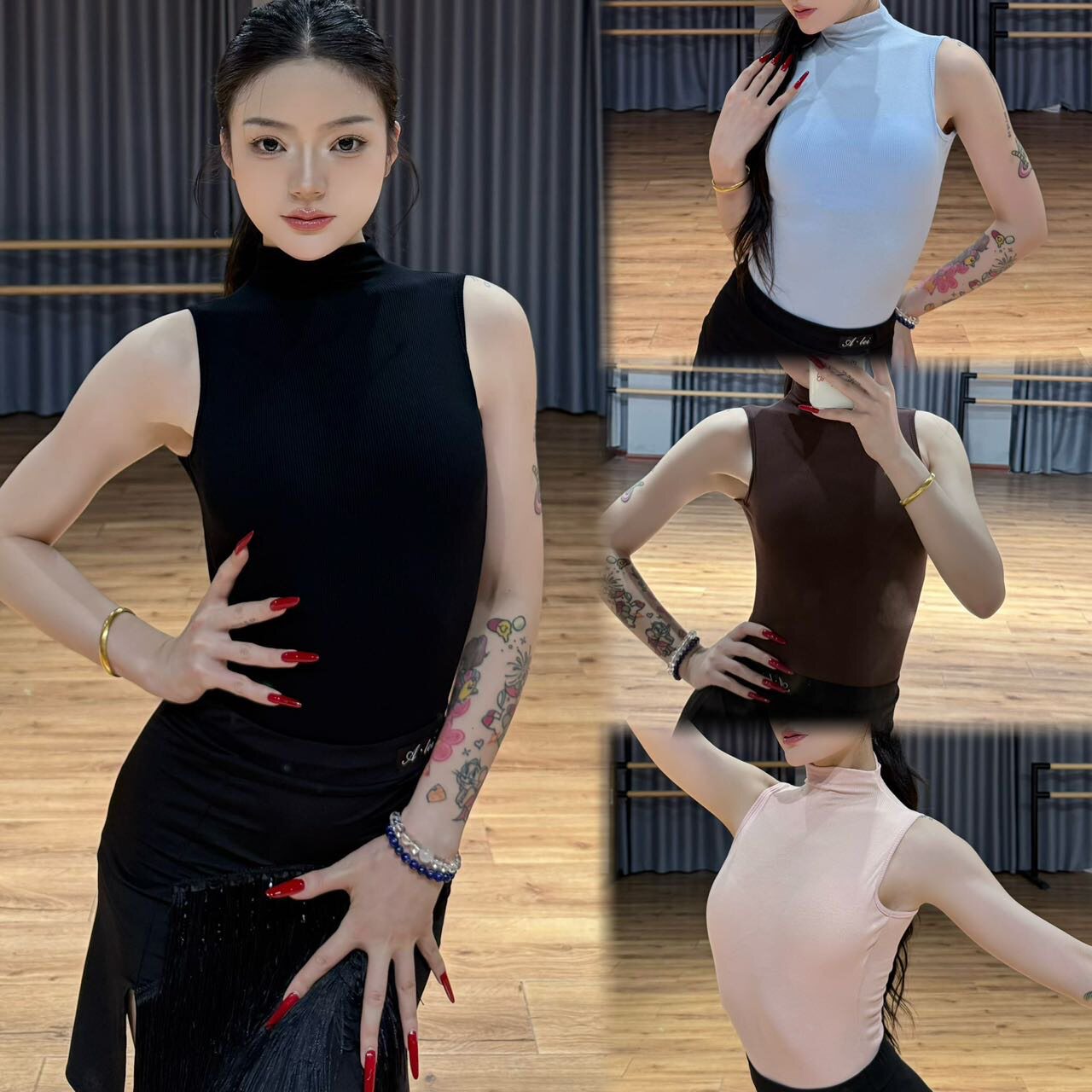 Min舞服Alei小高领无袖连体上衣含胸垫体操服拉丁舞服摩登女成人
