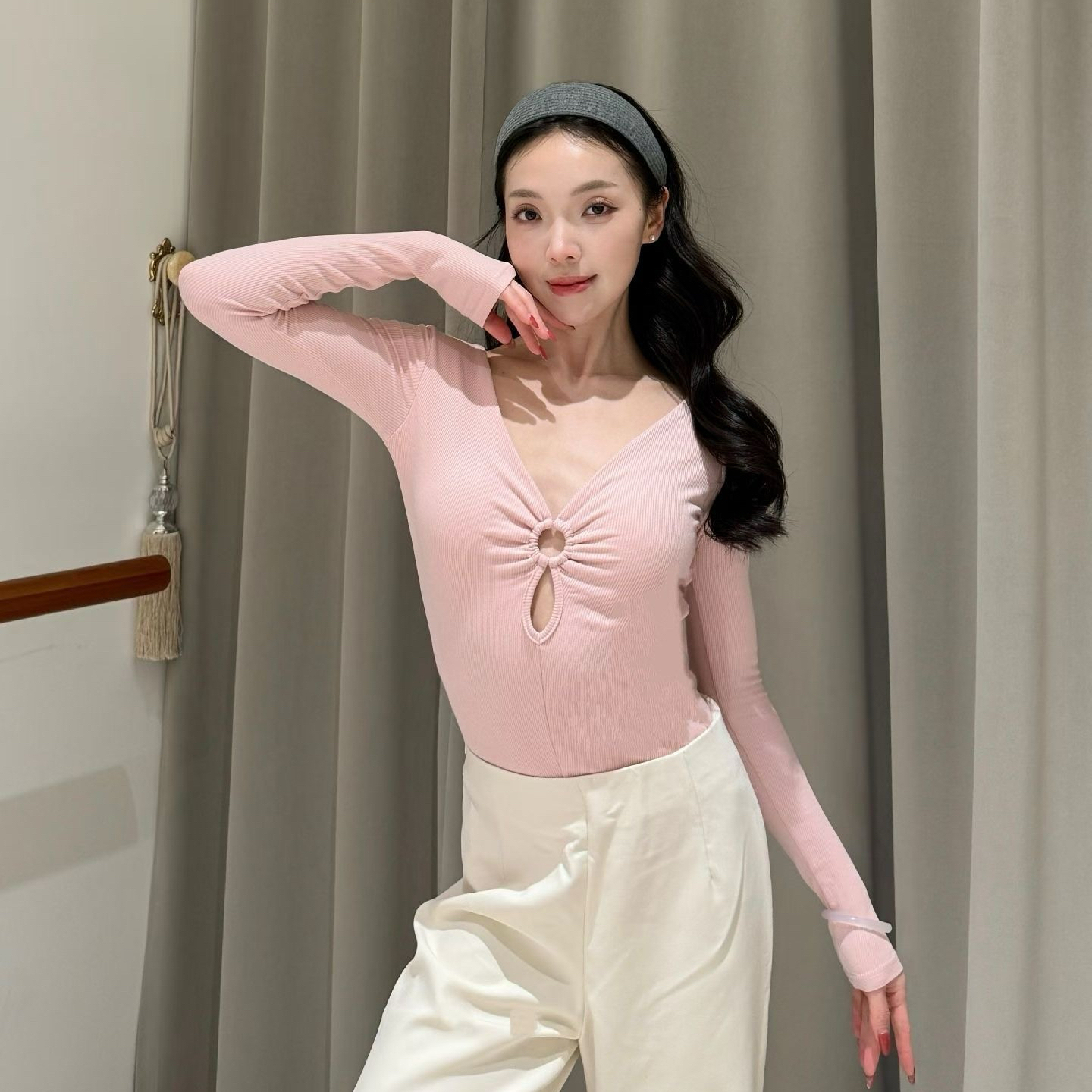 Alei舞服V领长袖上衣粉色针织螺纹秋冬拉丁练功服女士成人新款