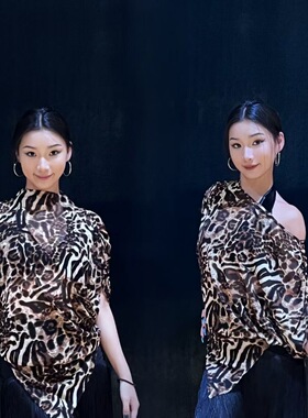 Loyal舞服豹纹罩衫小高领/斜肩不规则下摆上衣夏季教师拉丁国标