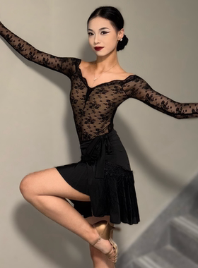 Ella舞服一字肩蕾丝体操服上衣含胸垫练功服女成人拉丁摩登舞服