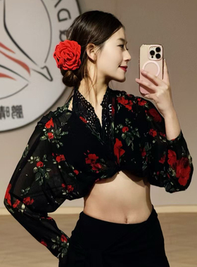 Loyal拉丁舞服玫瑰网纱上衣罩衫练功服女士成人教课小外套
