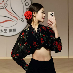 Loyal拉丁舞服玫瑰网纱上衣罩衫练功服女士成人教课小外套